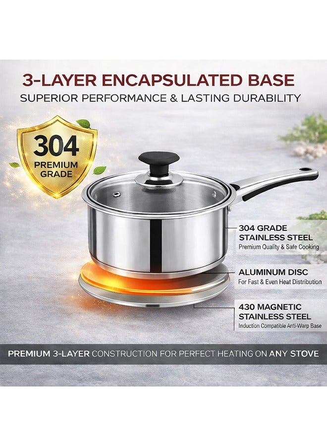 SONEX Mega Stainless Steel Sauce Pan, 18 cm (2 Ltr) with Glass Lid – Ergonomic Cool Handle, Sandwich Bottom, Sleek Modern Appearance, Ideal for Sauces, Soups & More - Image 5